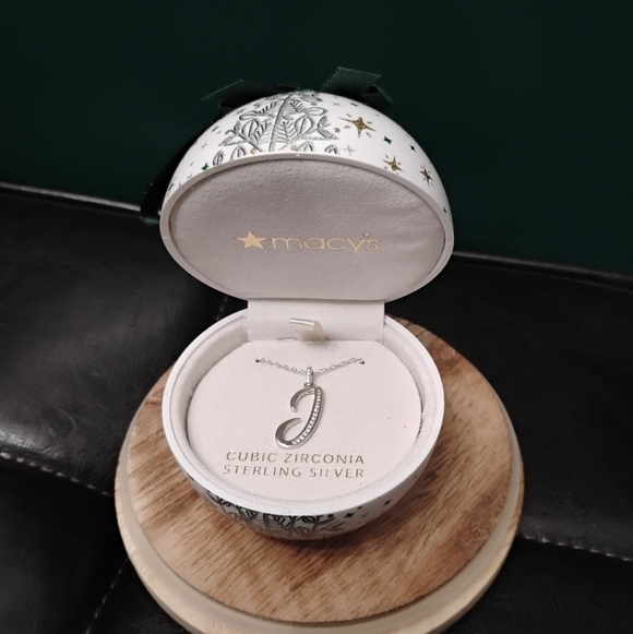 Sterling Silver & Cubic Zirconia Initial J Pendant Necklace in Ornament Box NWT - Picture 2 of 7